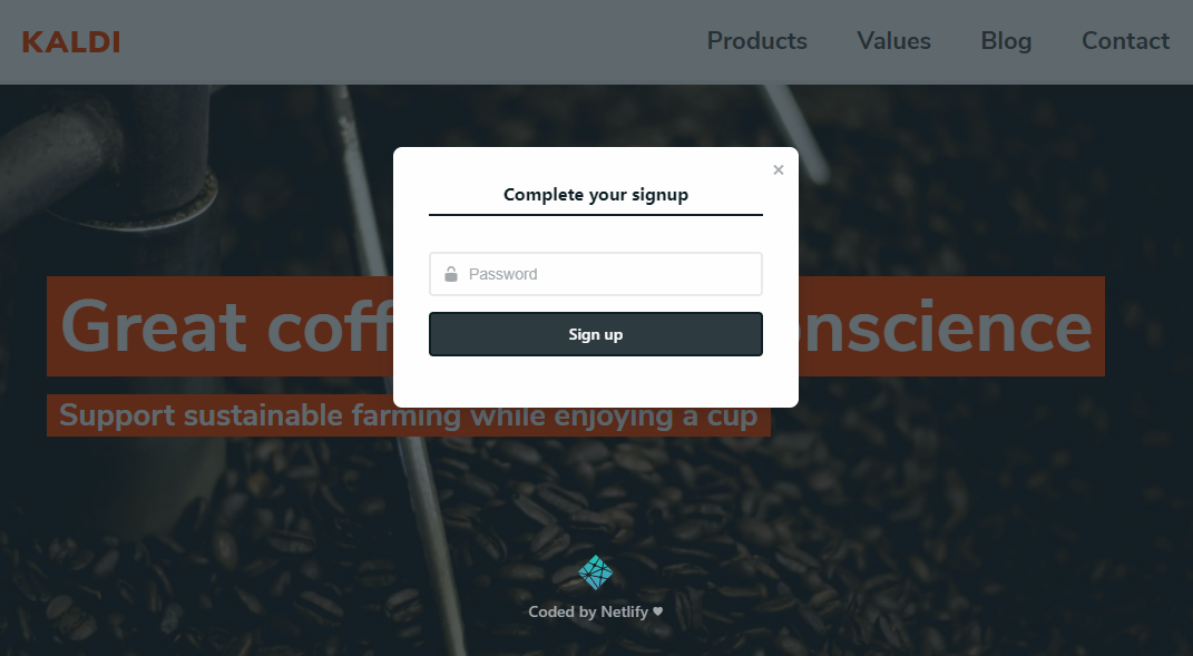 "Complete your signup" modal on the Kaldi coffee site